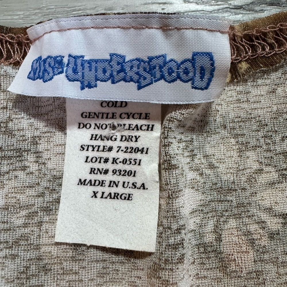Y2K MissUnderstood V Neck Empire Mesh Brown Patterned Top, XL, fits like Medium - Picture 7 of 11